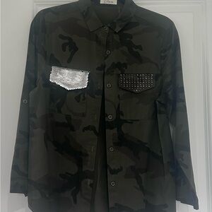 Elan Green Camo Military-Style Shirt Jacket with Stud & Sequin Pockets